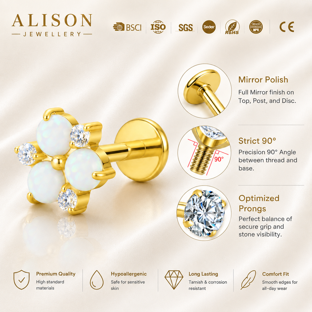 ASTM F136 Titanium Opal Flower Threadless Flat Back Labret Stud – PAIR | 18K Gold Plated