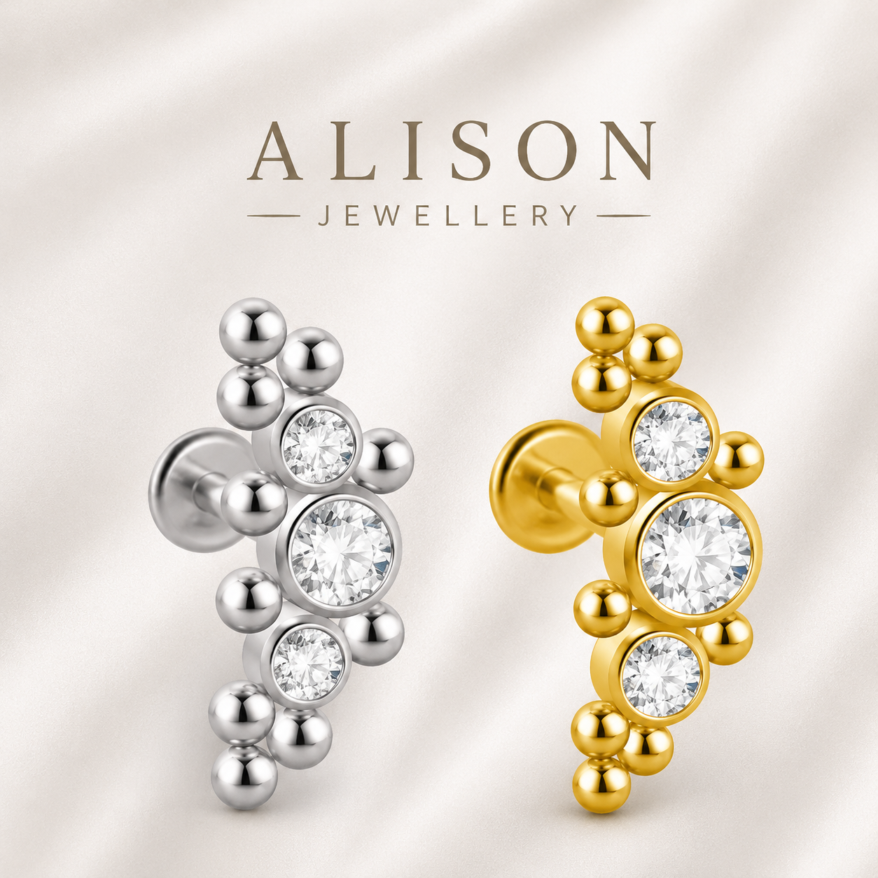 18K Gold Plated Stainless Steel Triple Crystal Labret Stud