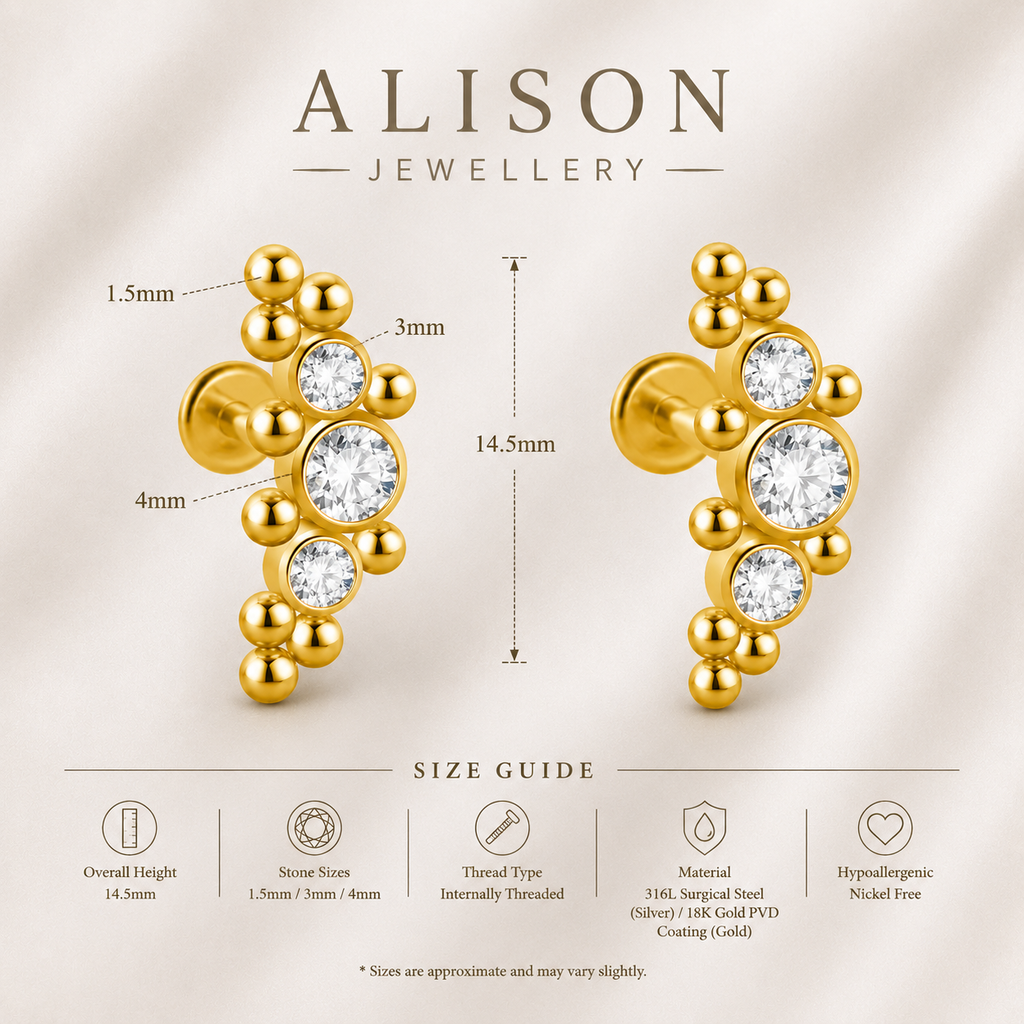 18K Gold Plated Stainless Steel Triple Crystal Labret Stud