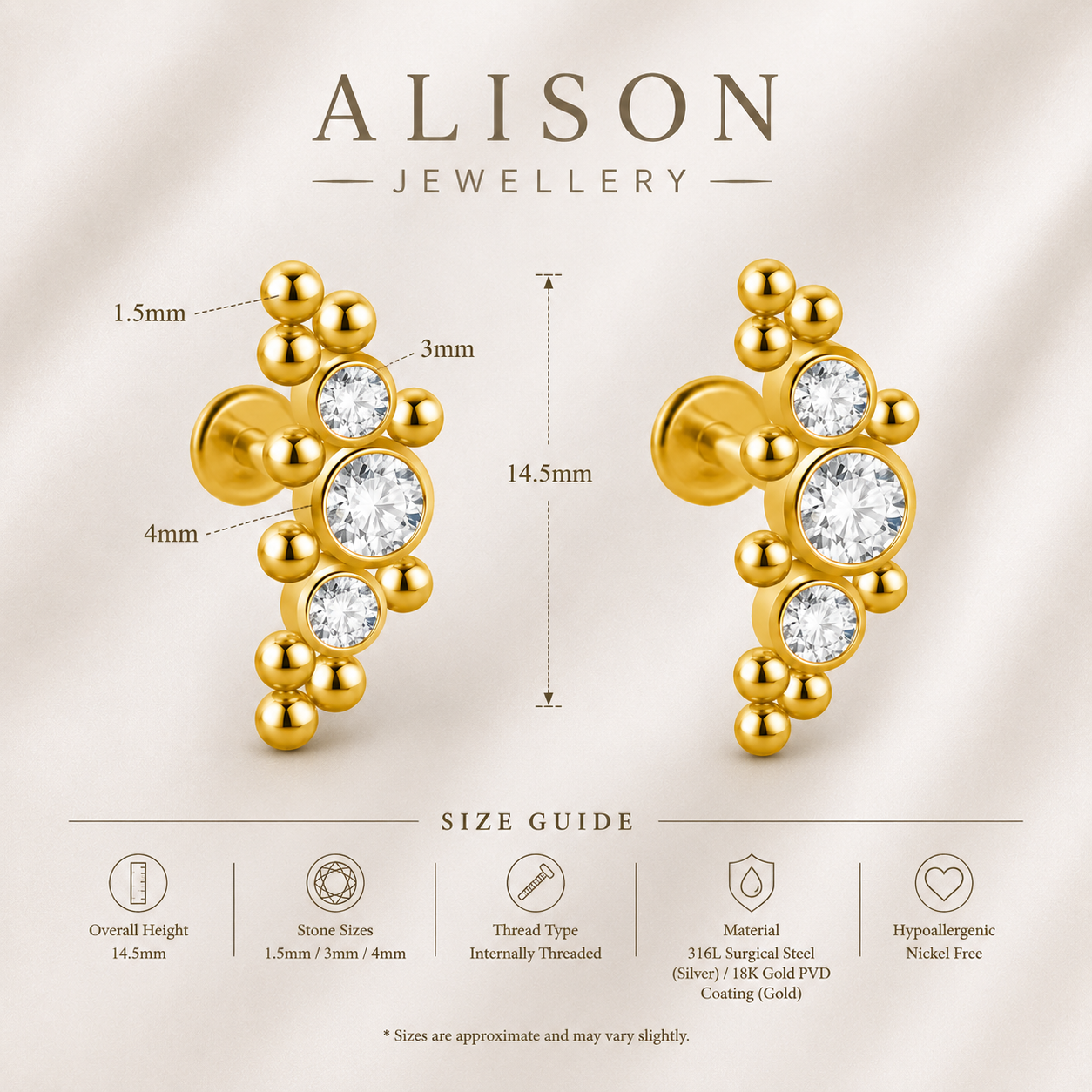 18K Gold Plated Stainless Steel Triple Crystal Labret Stud