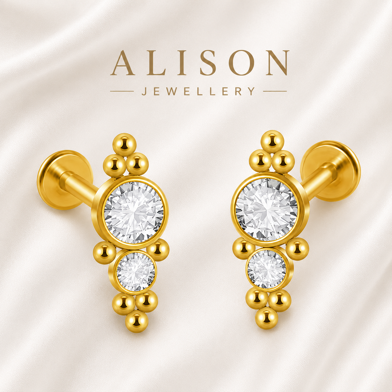18K Gold Plated Stainless Steel Double Crystal Labret Stud - PAIR