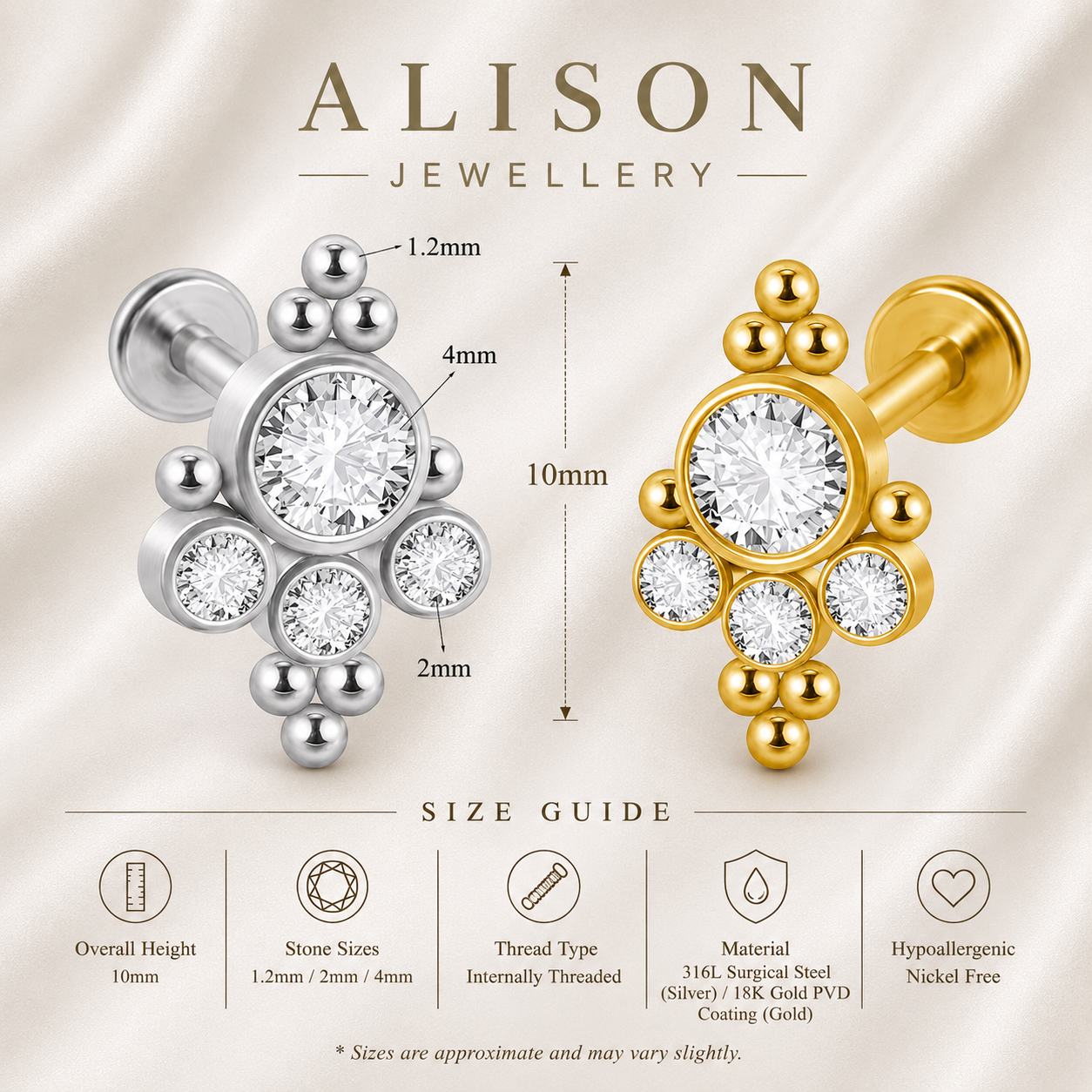 18K Gold Plated Stainless Steel Floral Crystal Labret Stud - PAIR