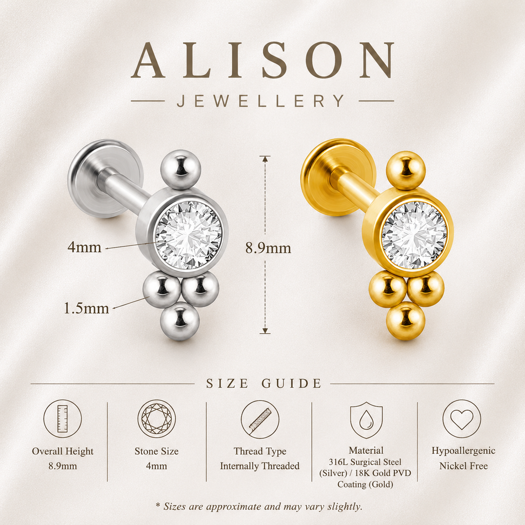 18K Gold Plated Stainless Steel Crystal Labret Stud - PAIR