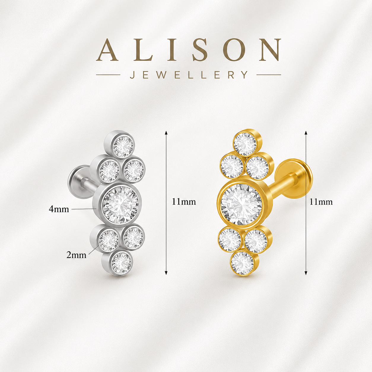 18K Gold Plated Stainless Steel Cluster Crystal Labret Stud - PAIR