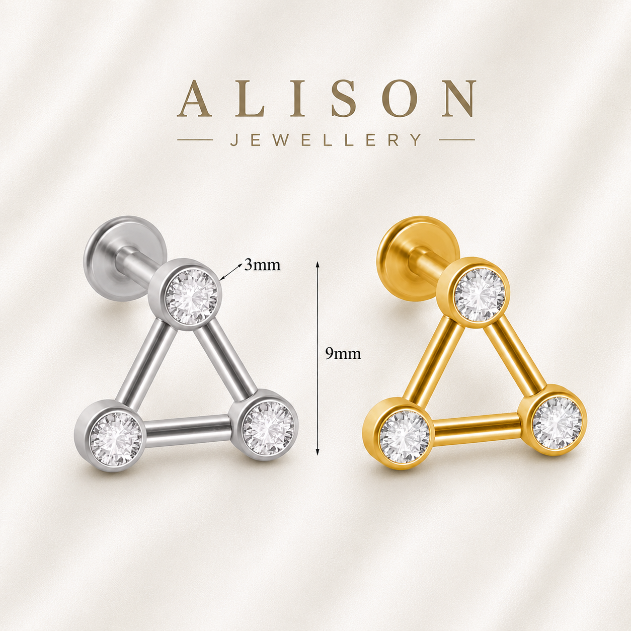 18K Gold Plated Stainless Steel Triangle Crystal Labret Stud - PAIR