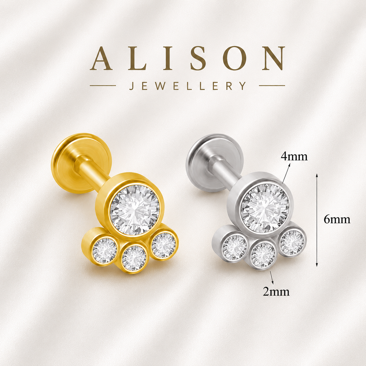 18K Gold Plated Stainless Steel Crown Crystal Labret Stud - PAIR