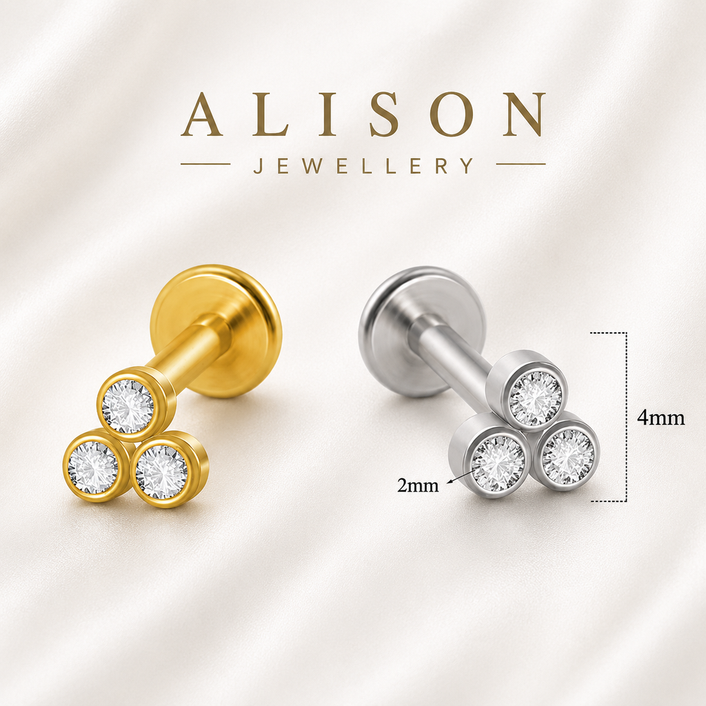 18K Gold Plated Stainless Steel Triple Crystal Labret Stud - PAIR