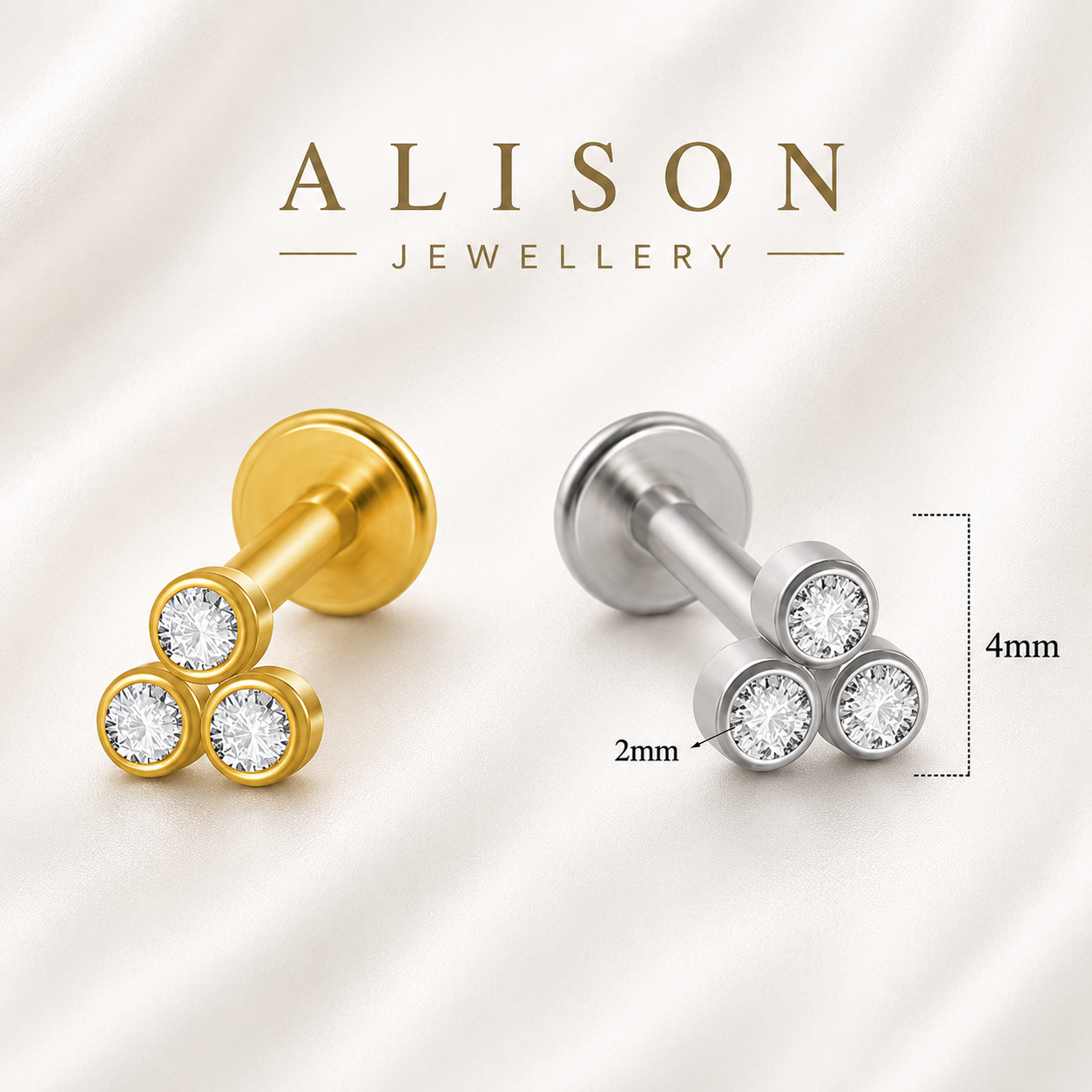 18K Gold Plated Stainless Steel Triple Crystal Labret Stud - PAIR