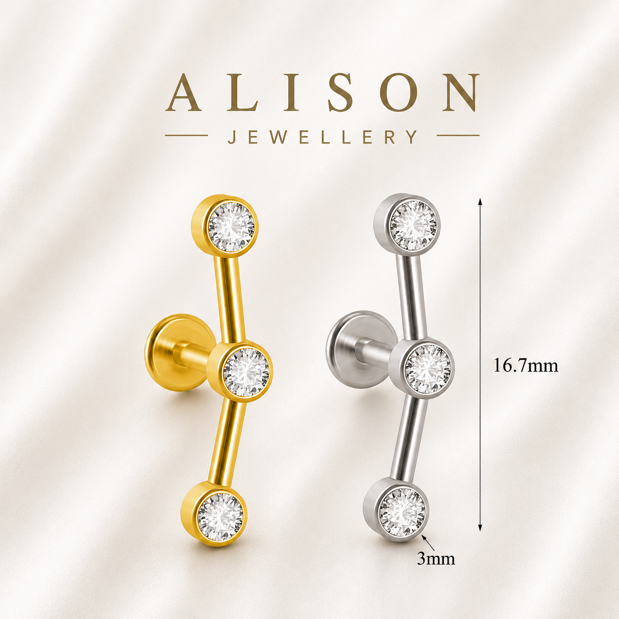 18K Gold Plated Stainless Steel Curved Triple Crystal Labret Stud - PAIR
