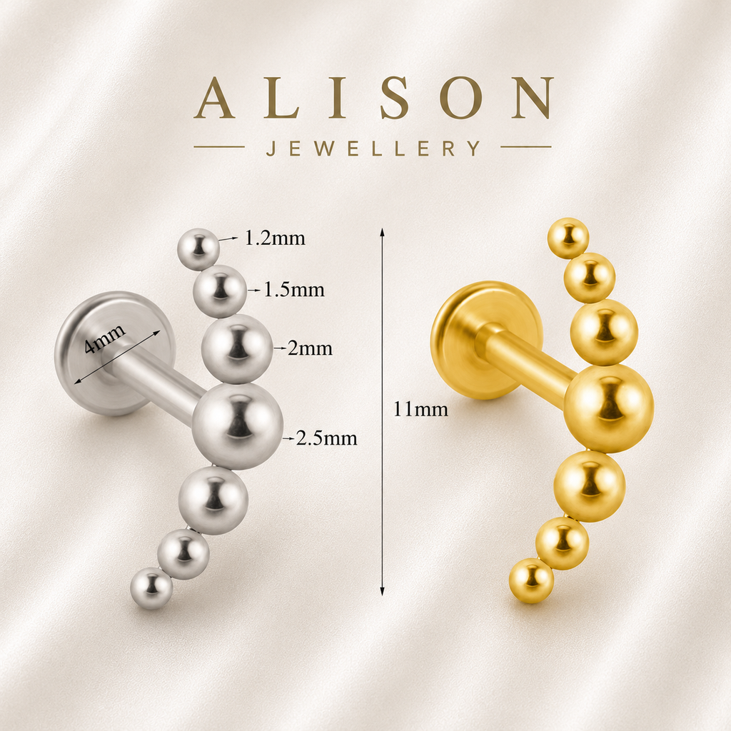 18K Gold Plated Stainless Steel Graduated Bead Labret Stud - PAIR