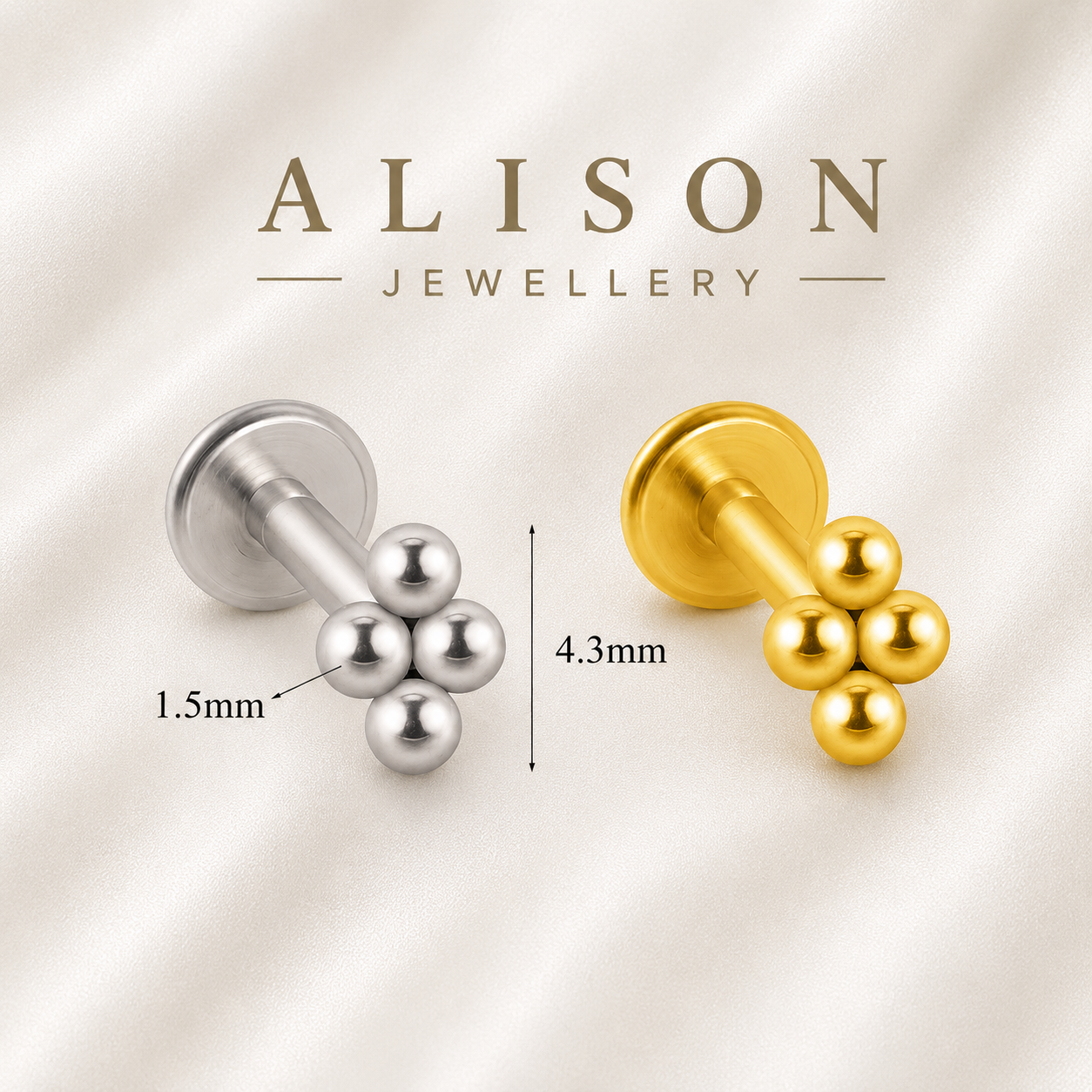 18K Gold Plated Stainless Steel Beaded Cluster Labret Stud - PAIR