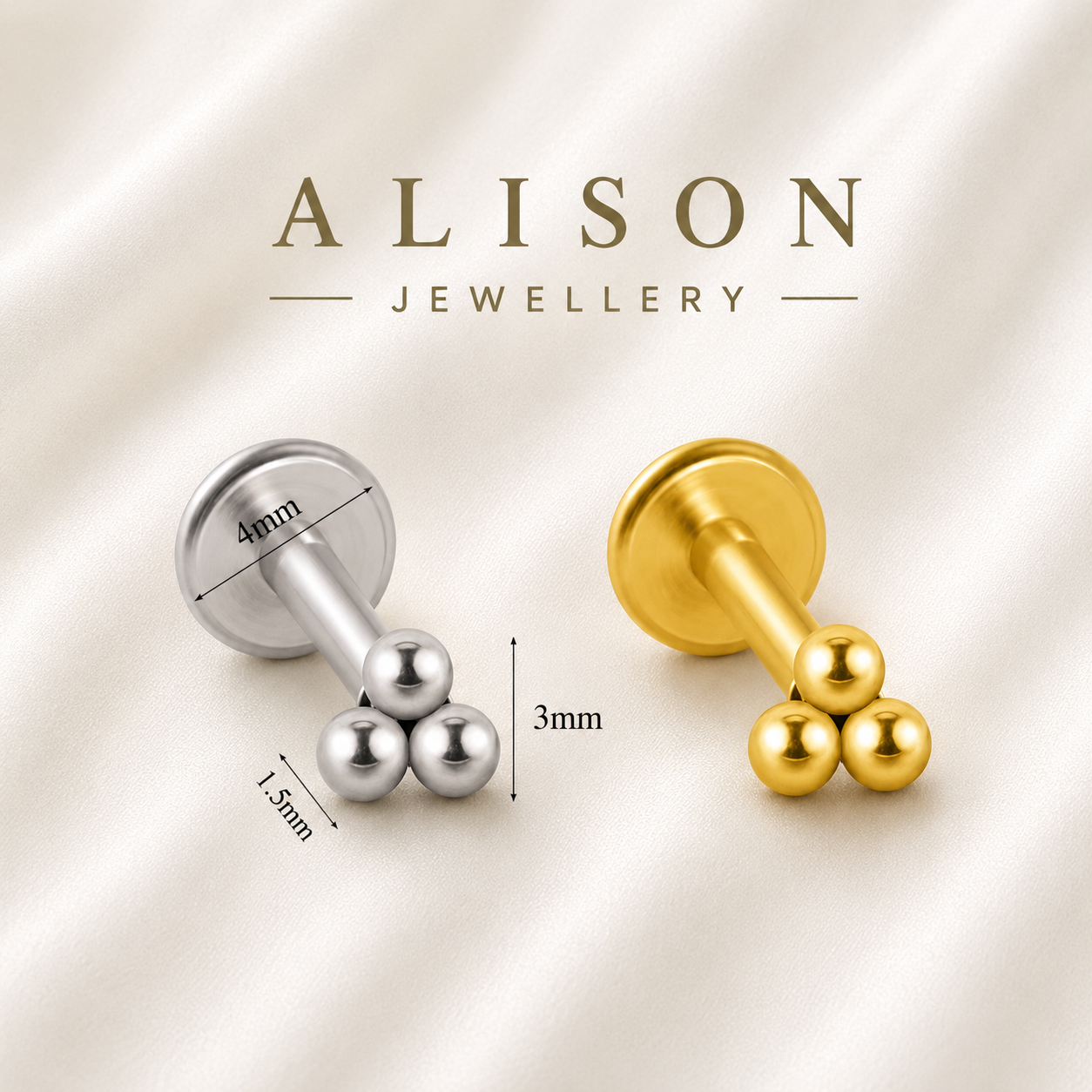 18K Gold Plated Stainless Steel Minimal Triple Bead Labret Stud - PAIR