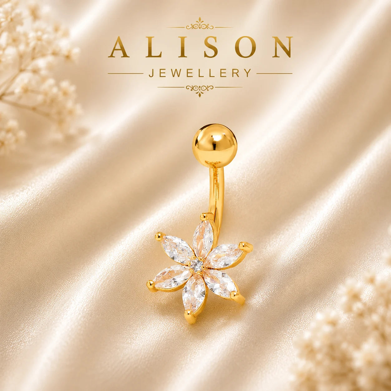 Stainless Steel Gold Floral Crystal Belly Button Ring - SINGLE