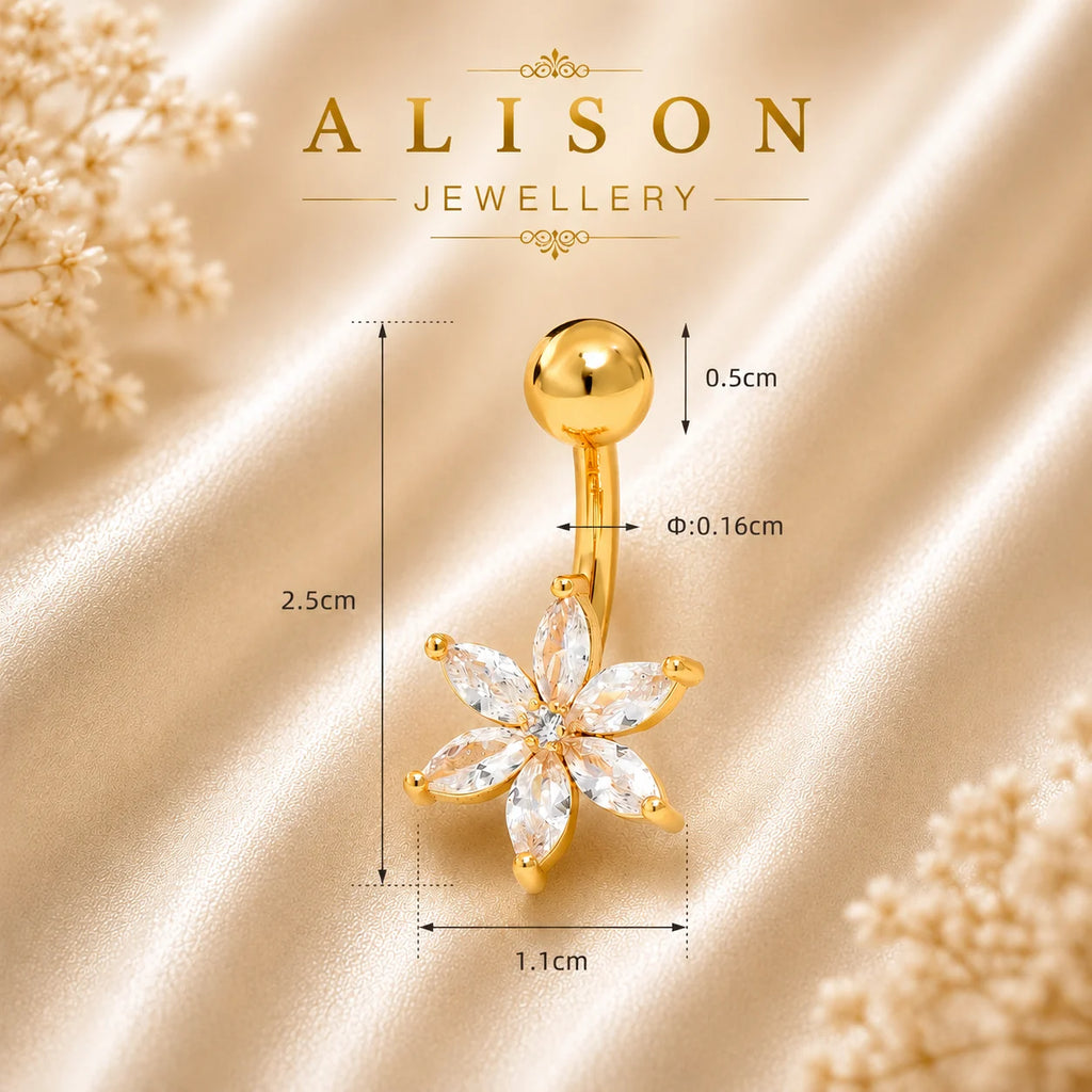 Stainless Steel Gold Floral Crystal Belly Button Ring - SINGLE