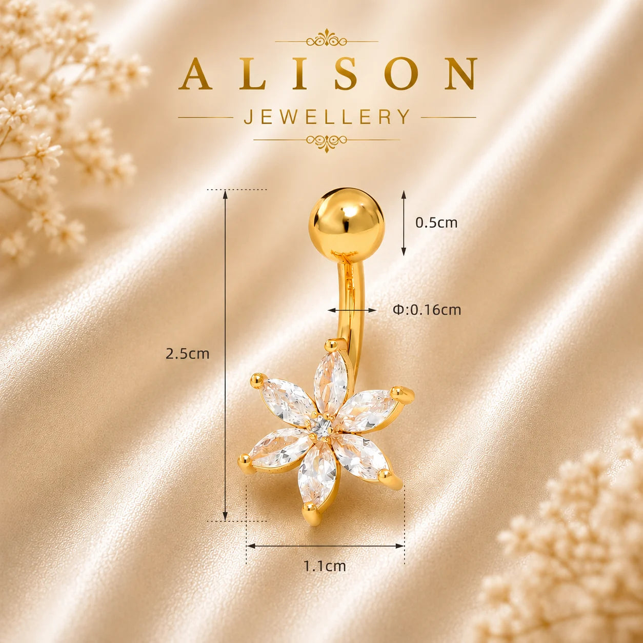Stainless Steel Gold Floral Crystal Belly Button Ring - SINGLE