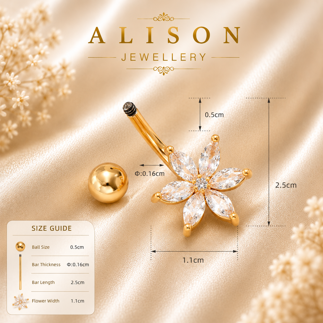 Stainless Steel Gold Floral Crystal Belly Button Ring - SINGLE