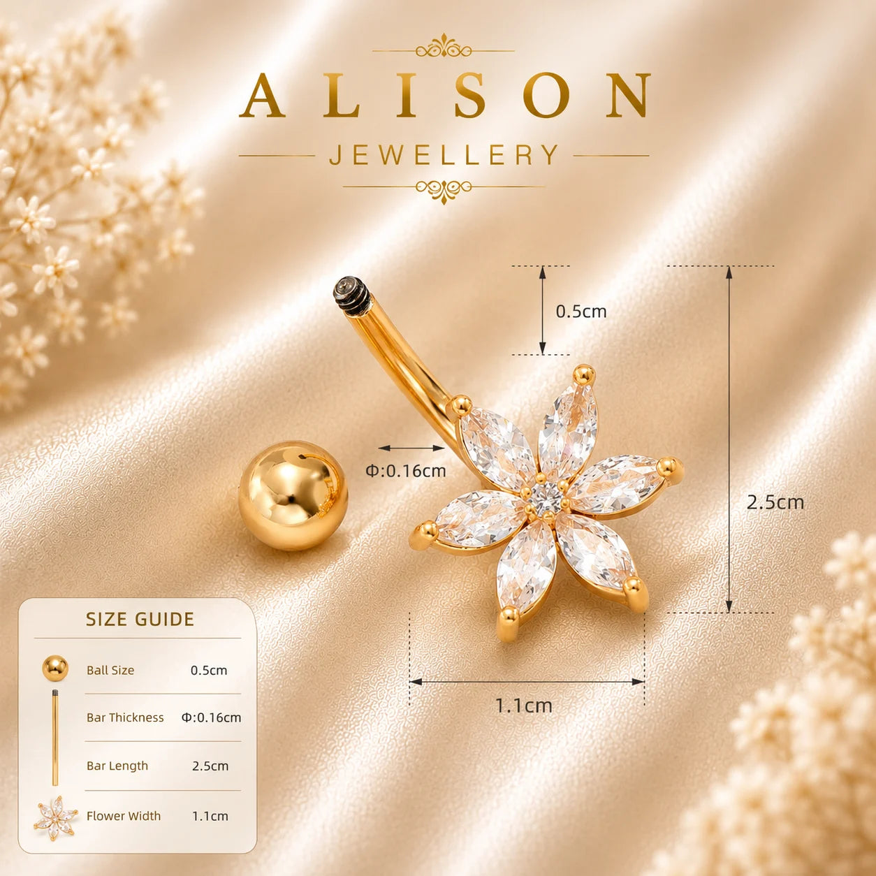 Stainless Steel Gold Floral Crystal Belly Button Ring - SINGLE