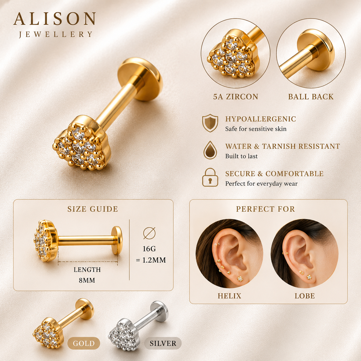 Stainless Steel Heart Zircon Flat Back Stud - PAIR