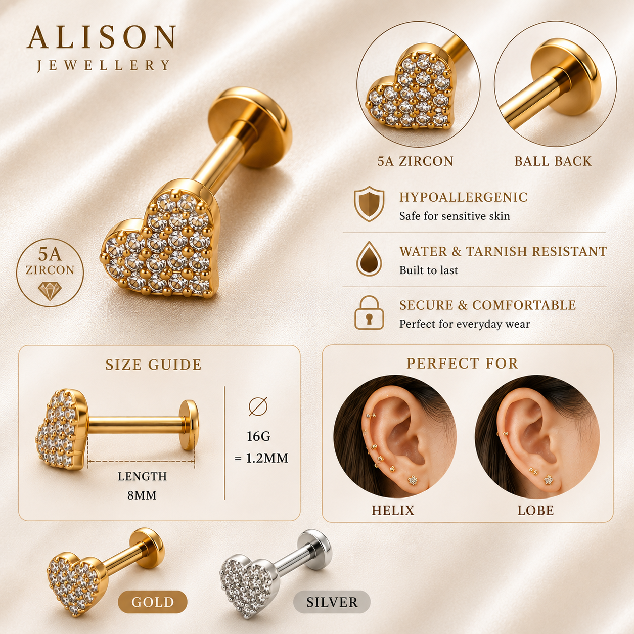 Stainless Steel Heart Zircon Flat Back Stud - PAIR