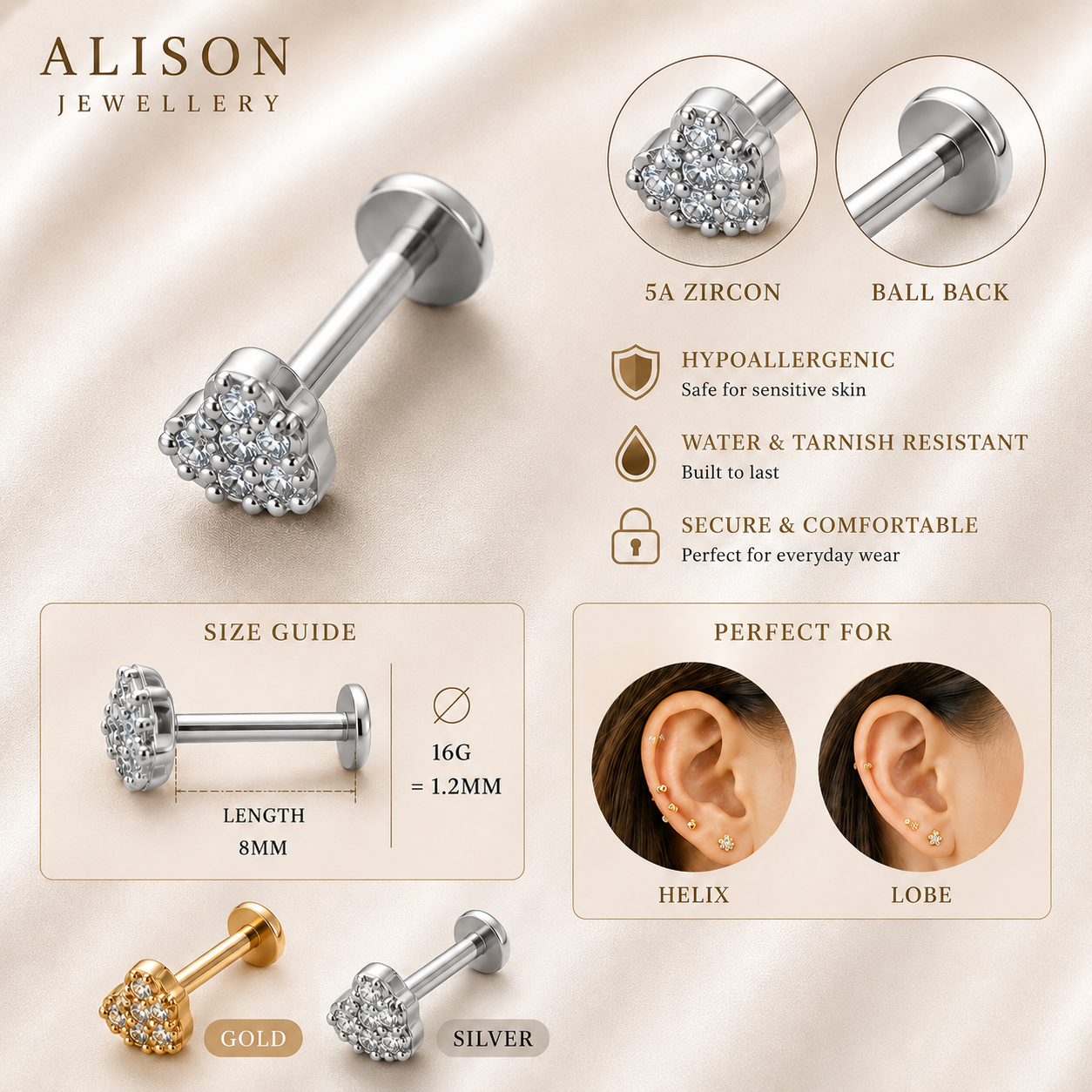 Stainless Steel Heart Zircon Flat Back Stud - PAIR