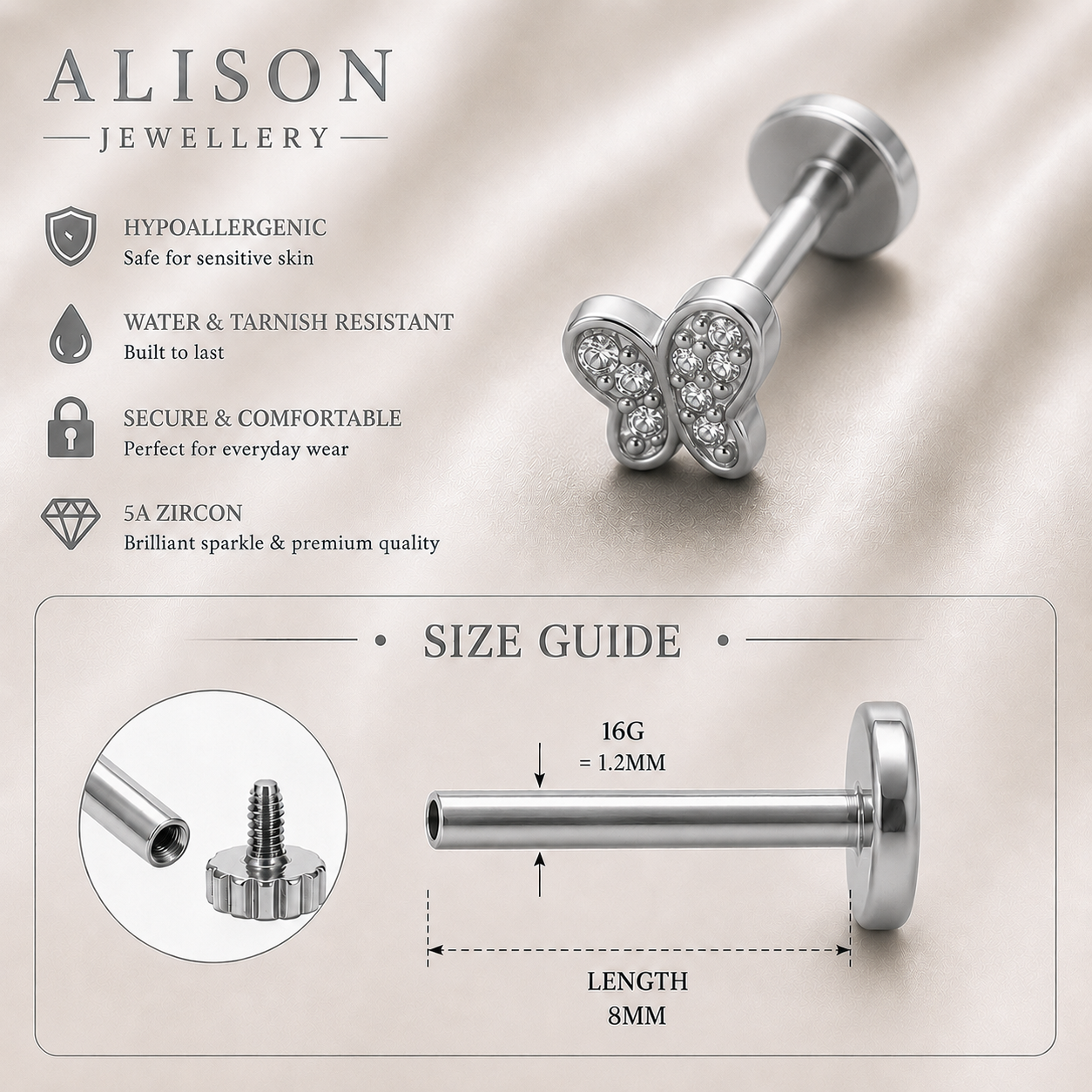 Stainless Steel Butterfly Zircon Flat Back Stud - PAIR