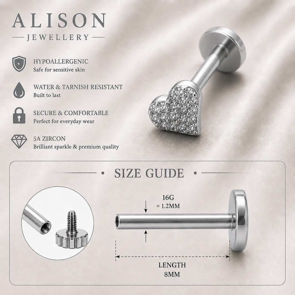 Stainless Steel Heart Zircon Flat Back Stud - PAIR