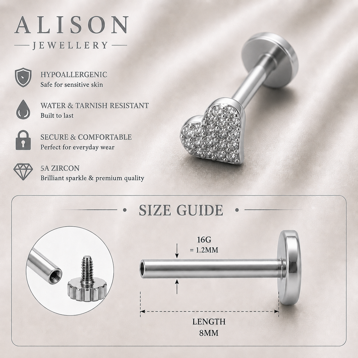 Stainless Steel Heart Zircon Flat Back Stud - PAIR