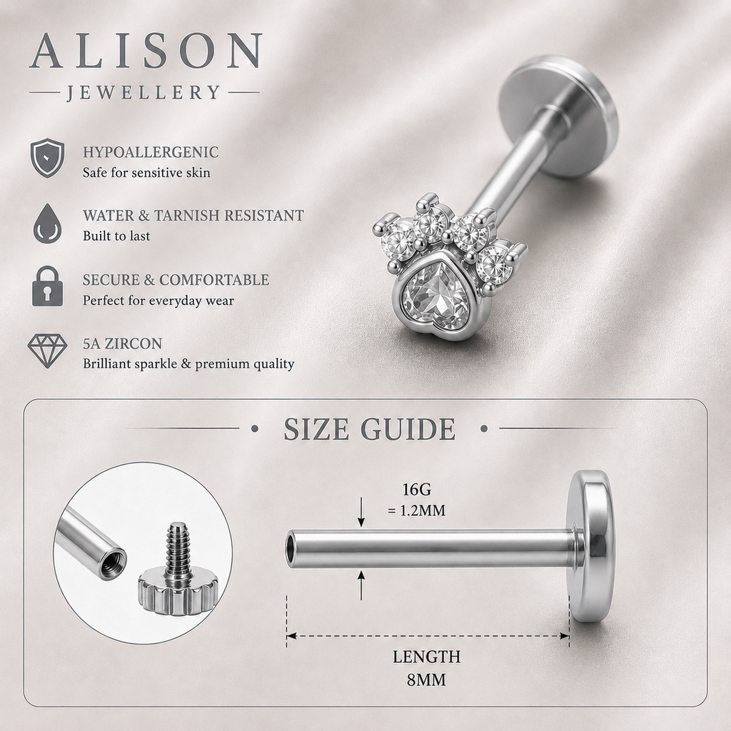 Stainless Steel Paw Zircon Flat Back Stud - PAIR