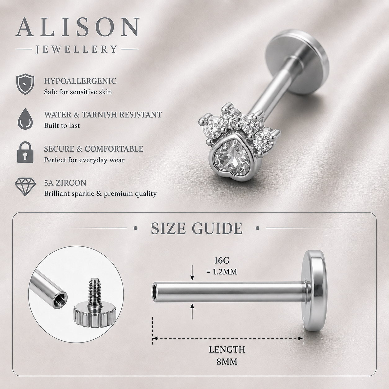 Stainless Steel Paw Zircon Flat Back Stud - PAIR