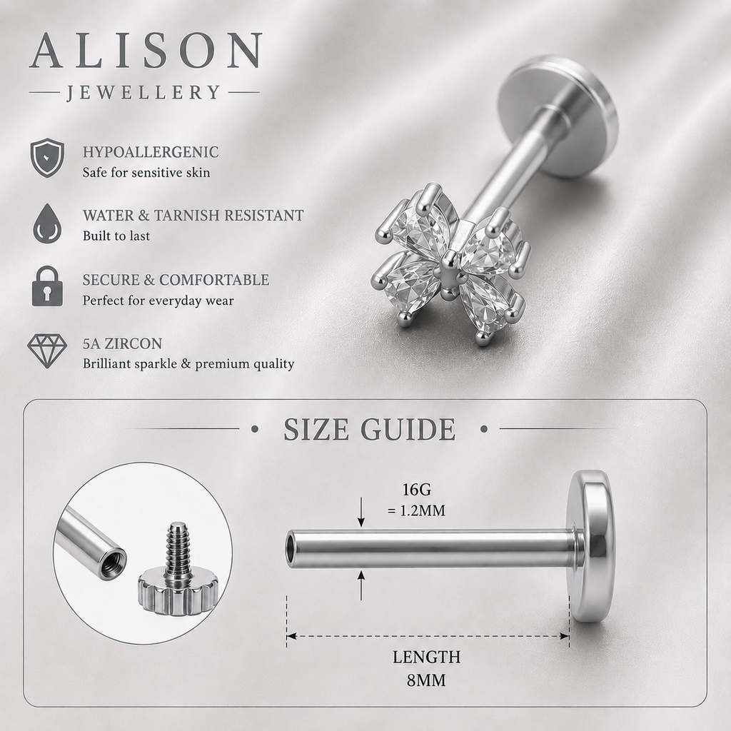 Stainless Steel Butterfly Zircon Flat Back Stud - PAIR