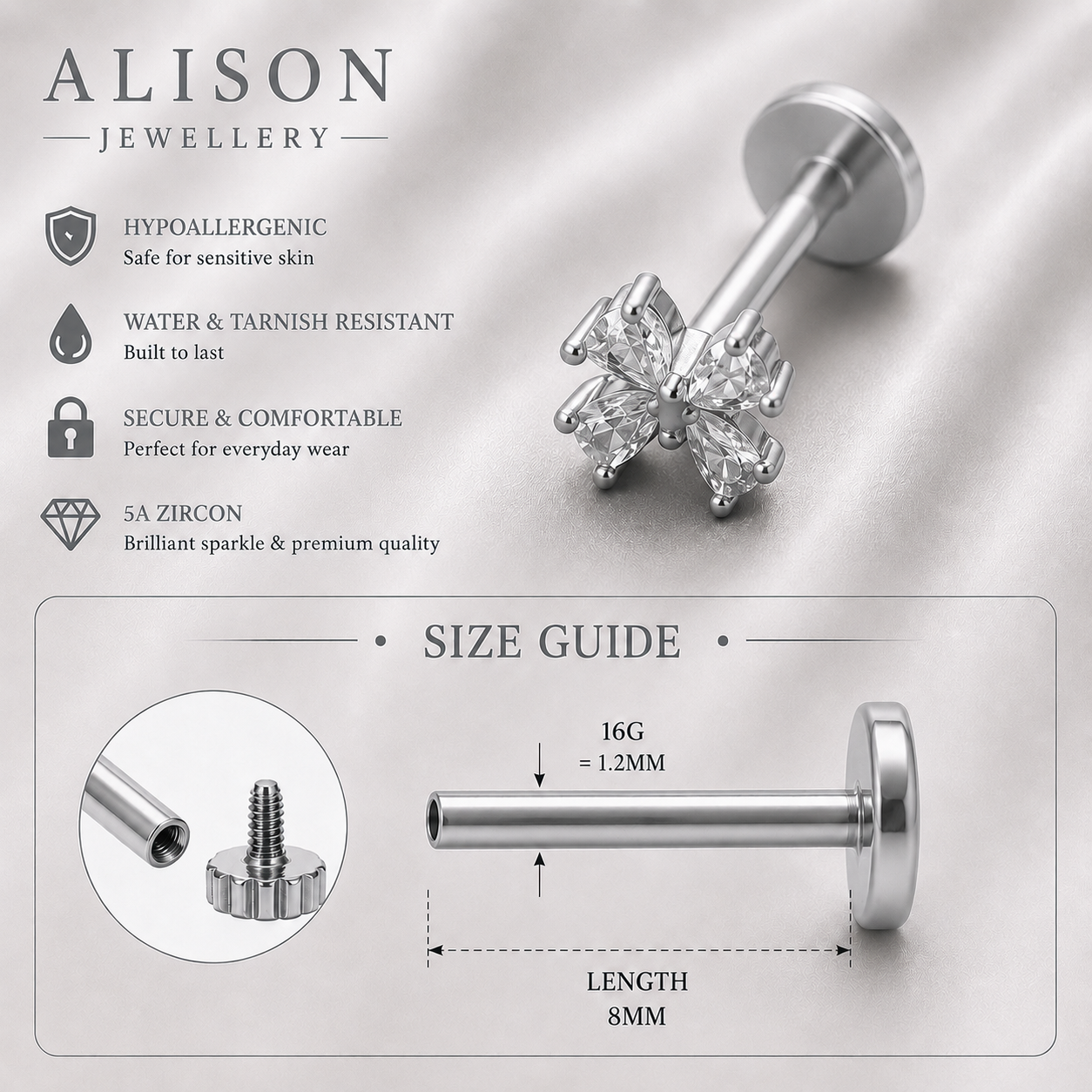 Stainless Steel Butterfly Zircon Flat Back Stud - PAIR