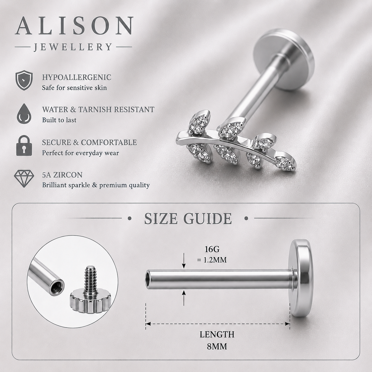 Stainless Steel Leaf Zircon Flat Back Stud - PAIR