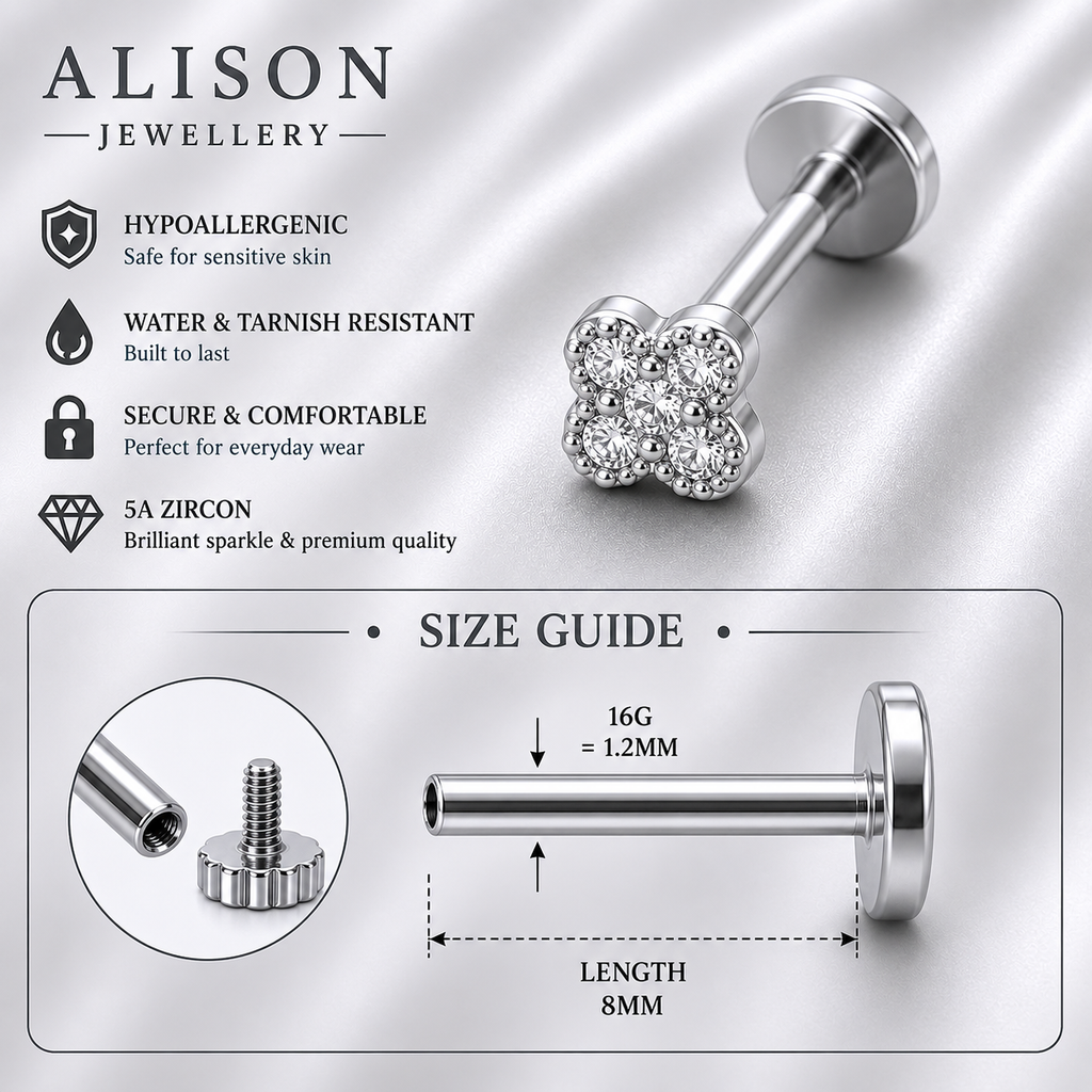 Stainless Steel Floral Zircon Flat Back Stud - PAIR