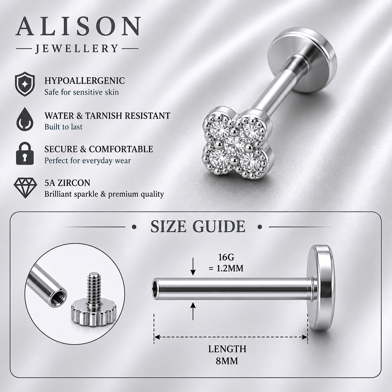 Stainless Steel Floral Zircon Flat Back Stud - PAIR