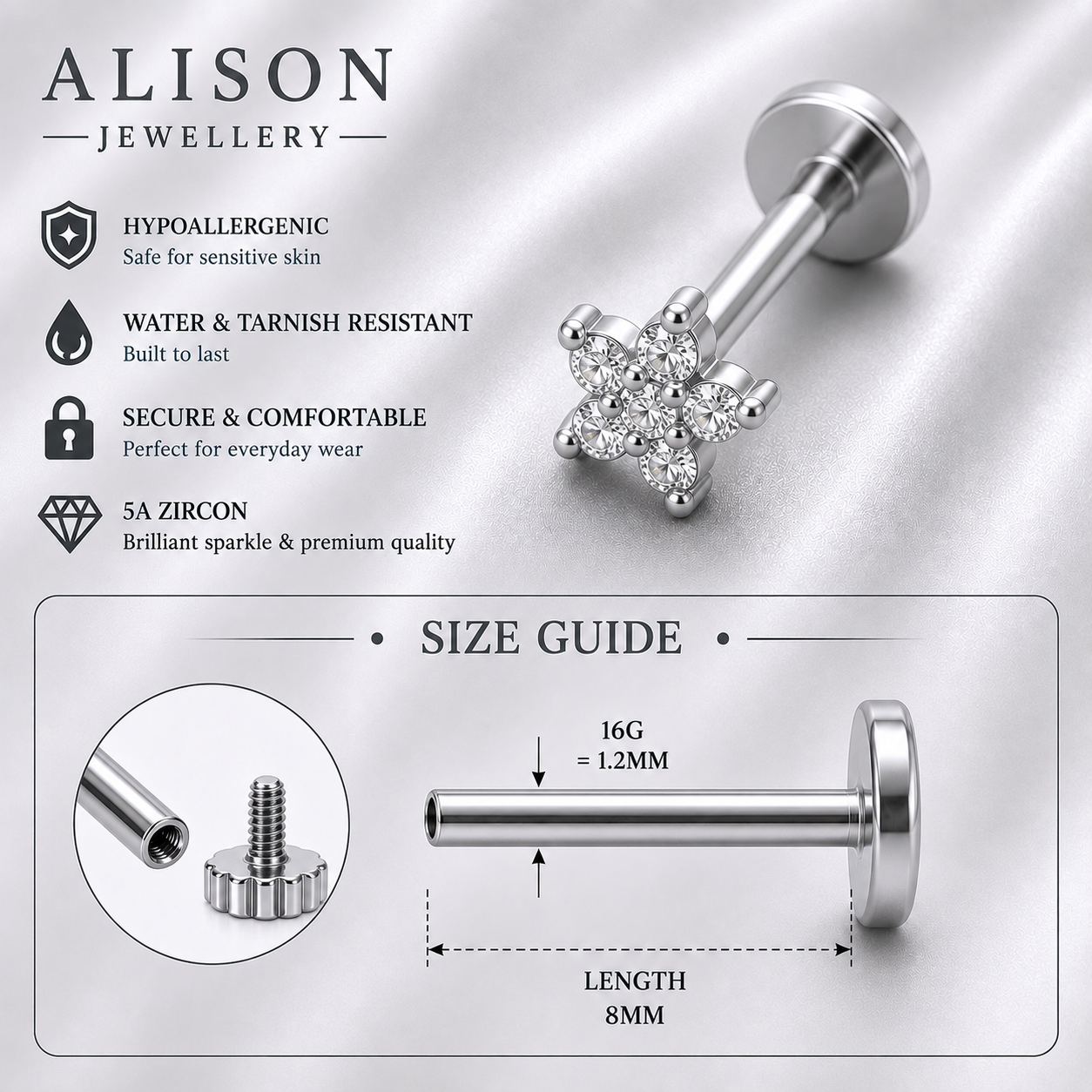 Stainless Steel Star Zircon Flat Back Stud - PAIR