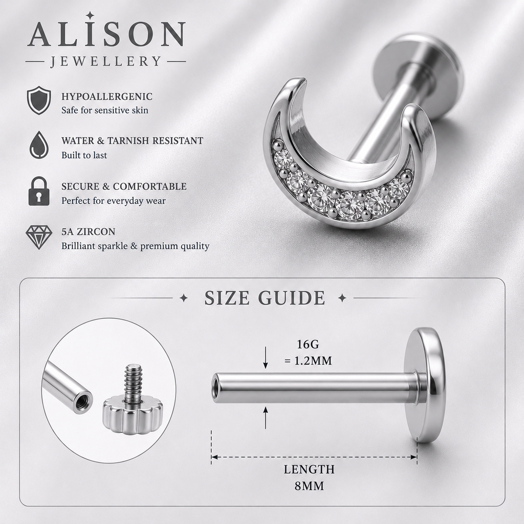 Stainless Steel Crescent Moon Zircon Flat Back Stud - PAIR