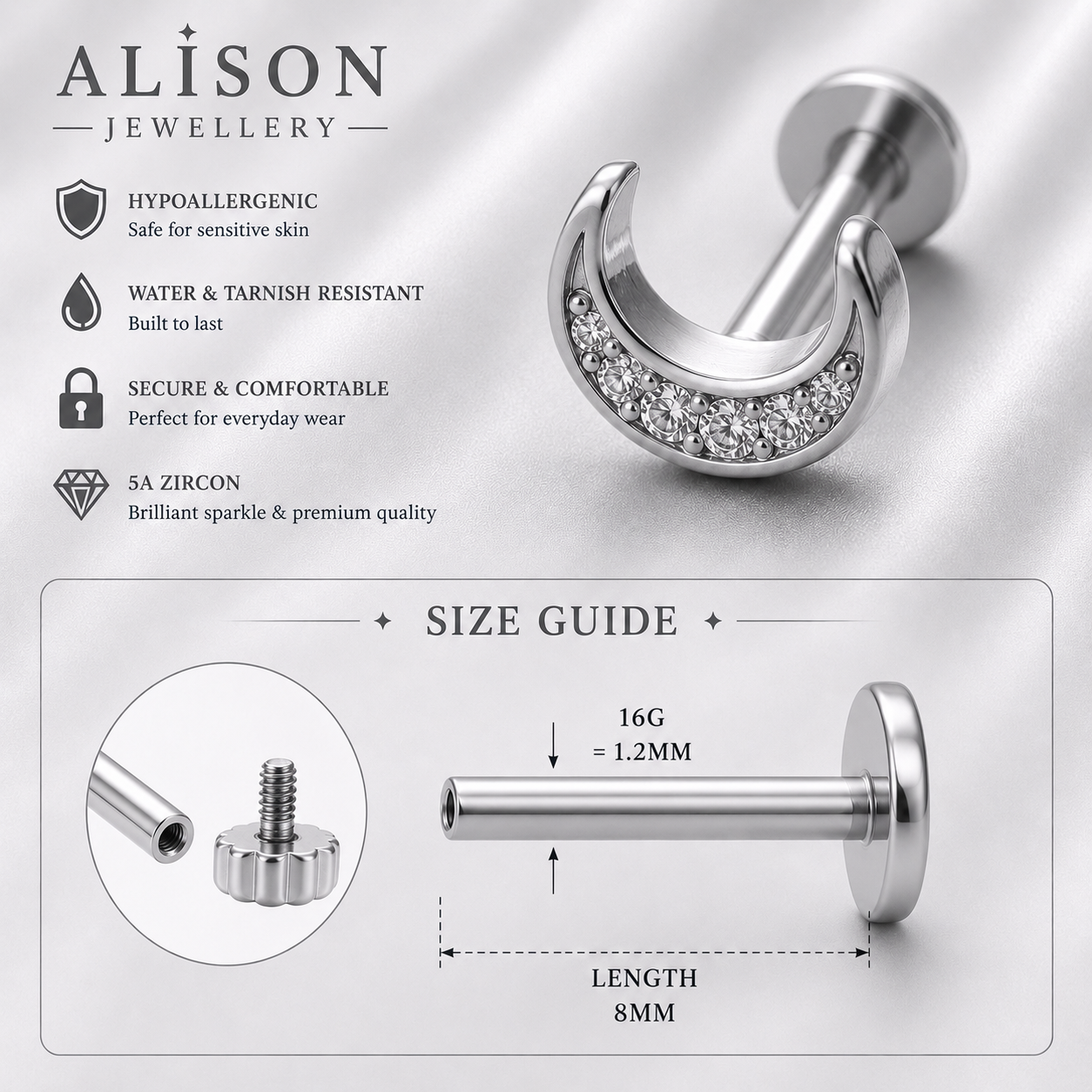 Stainless Steel Crescent Moon Zircon Flat Back Stud - PAIR