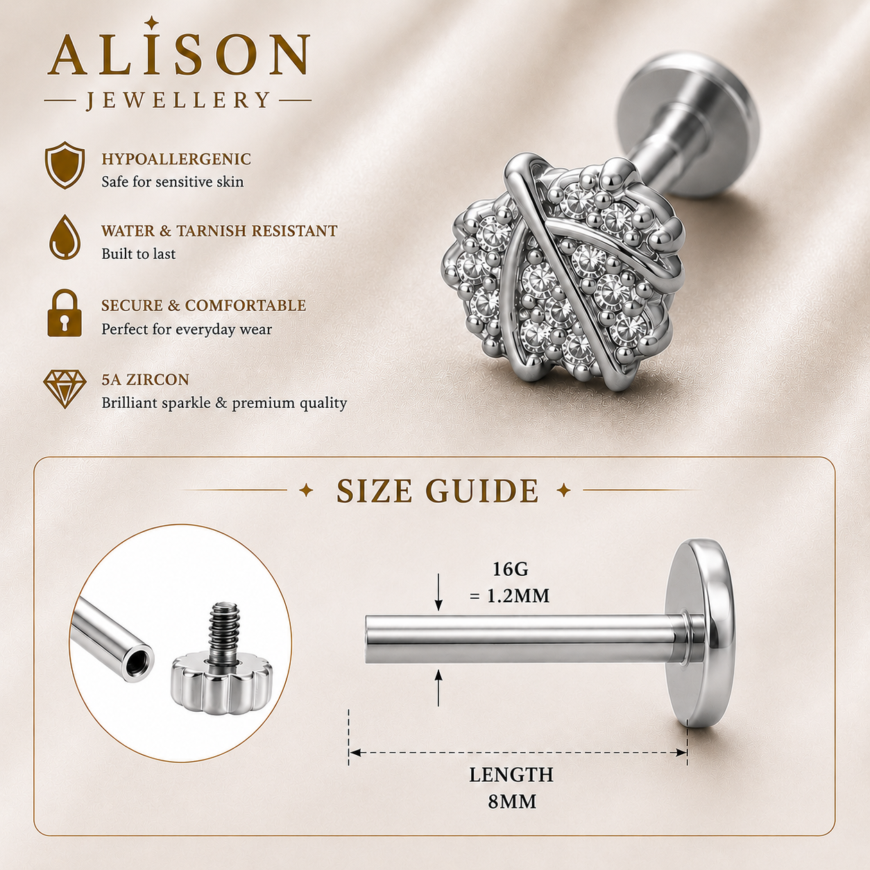 Stainless Steel Planet Zircon Flat Back Stud - PAIR
