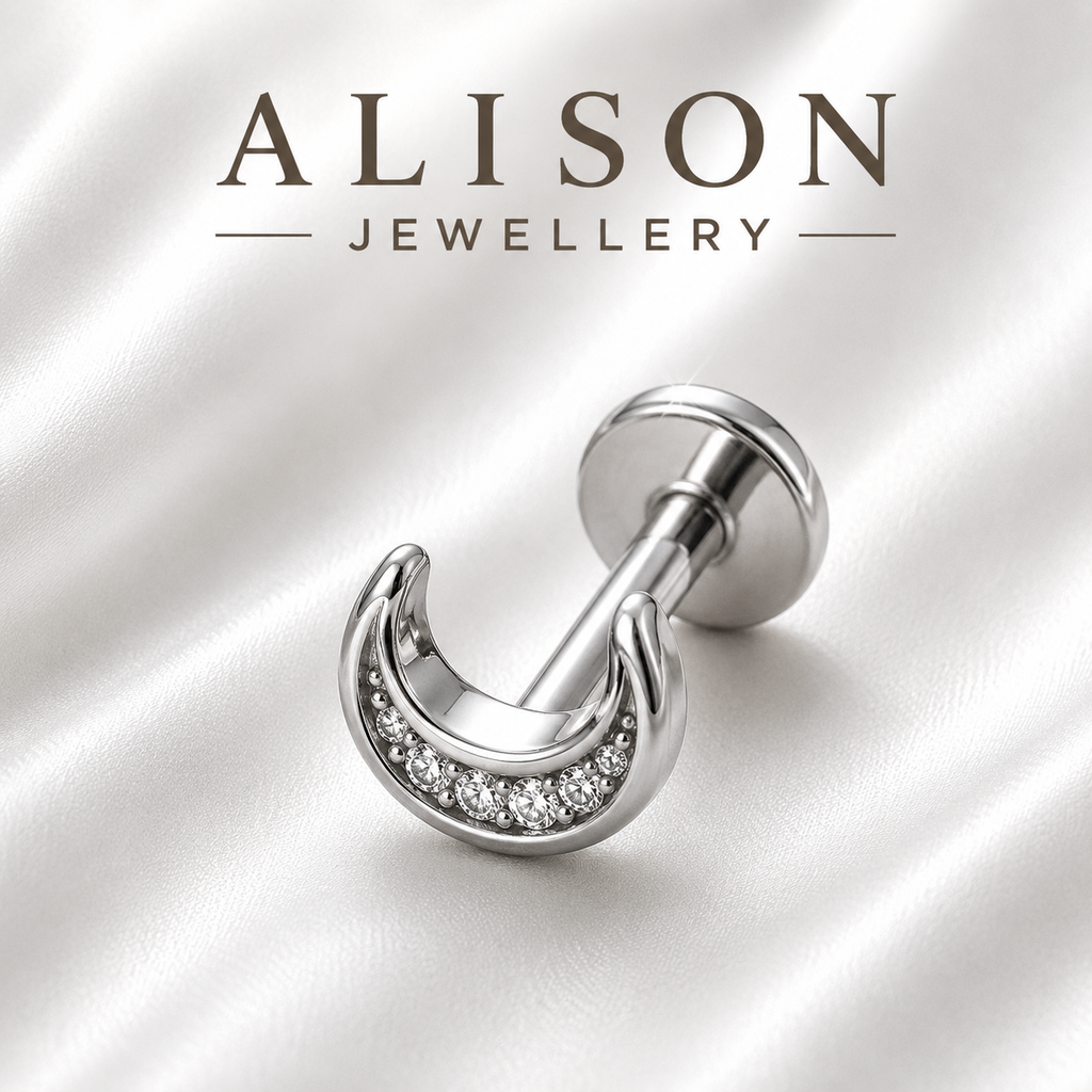 Stainless Steel Crescent Moon Zircon Flat Back Stud - PAIR