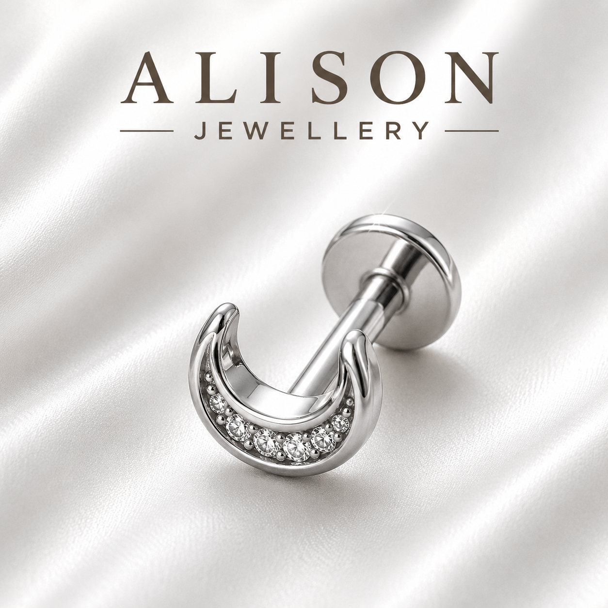 Stainless Steel Crescent Moon Zircon Flat Back Stud - PAIR