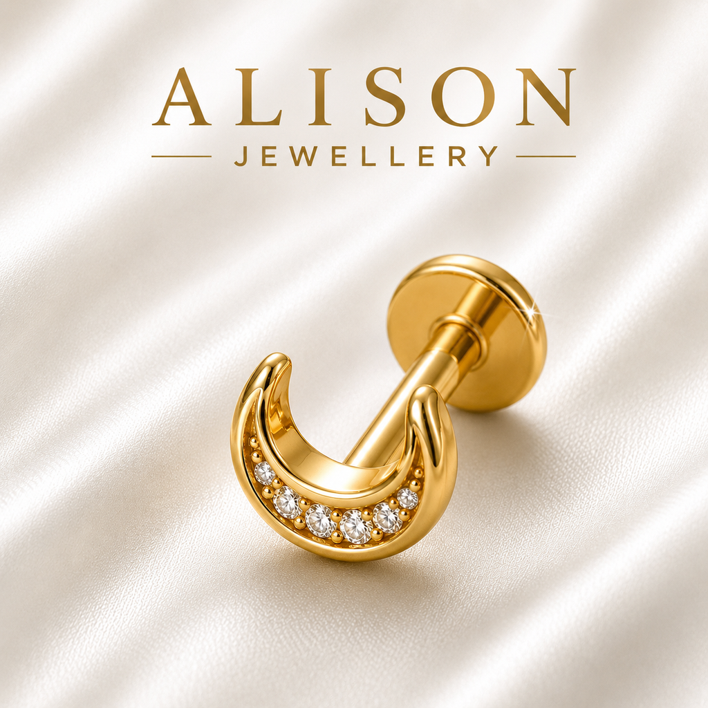 Stainless Steel Crescent Moon Zircon Flat Back Stud - PAIR