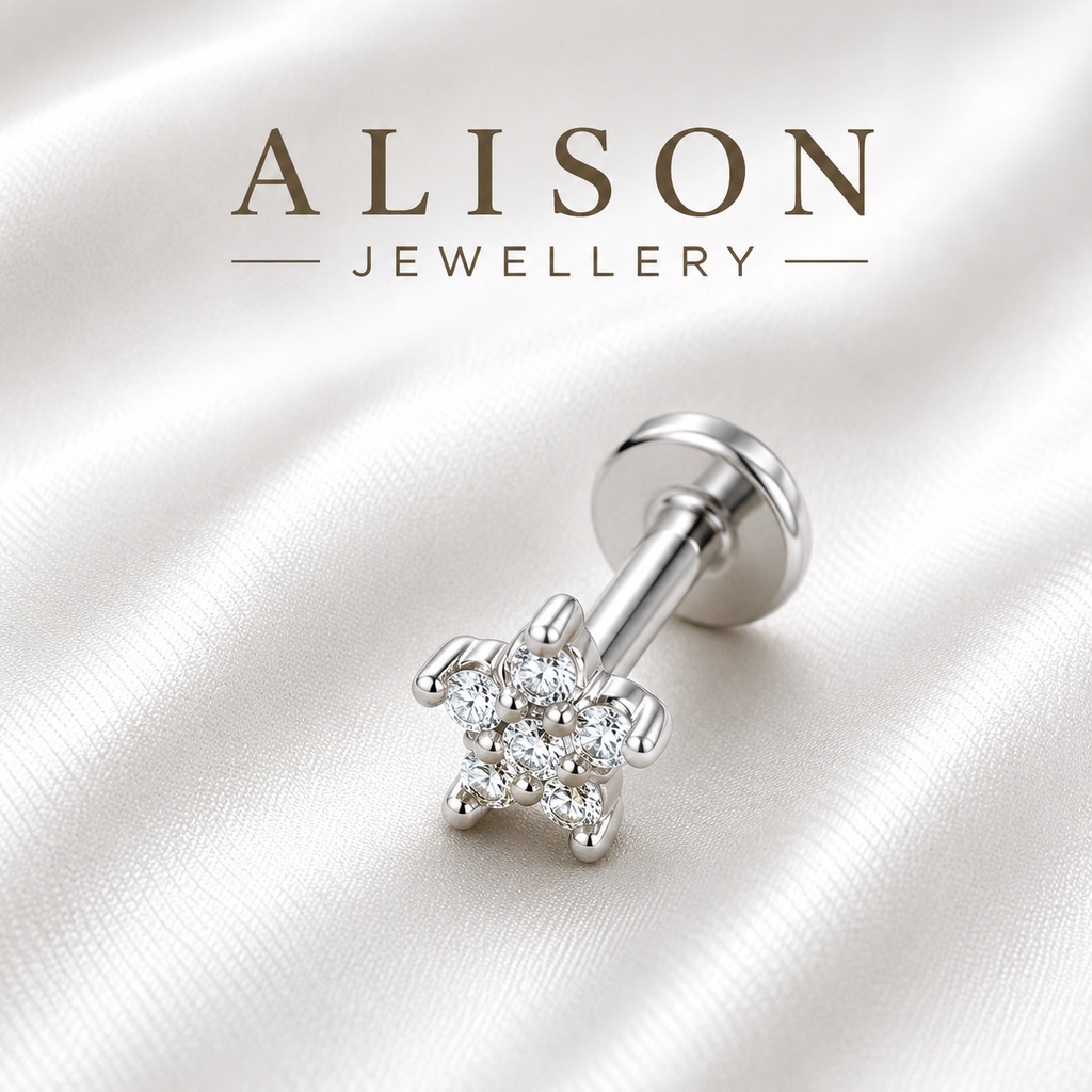 Stainless Steel Star Zircon Flat Back Stud - PAIR