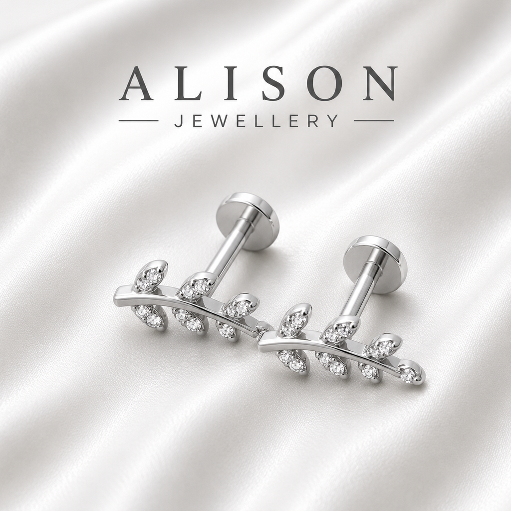 Stainless Steel Leaf Zircon Flat Back Stud - PAIR