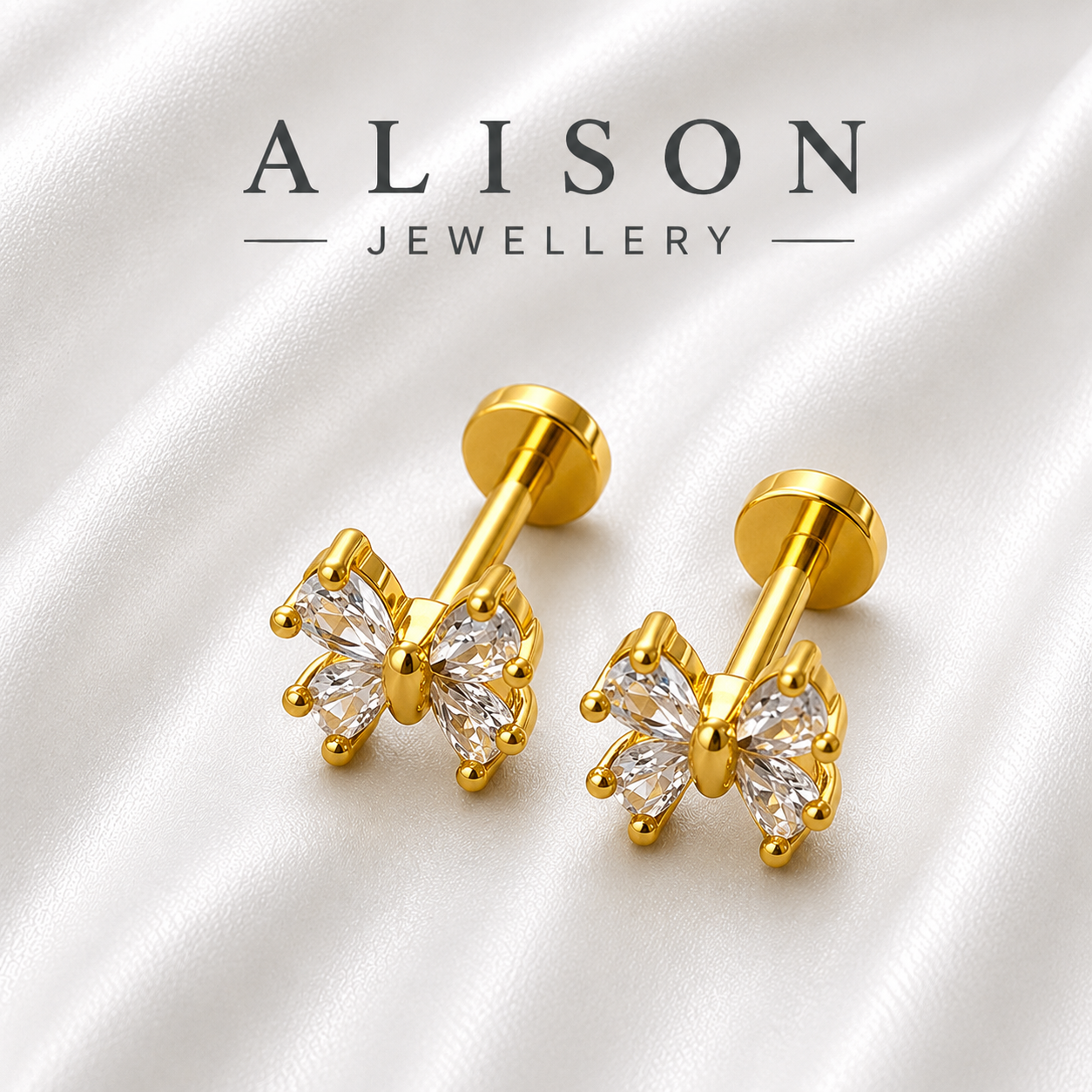Stainless Steel Butterfly Zircon Flat Back Stud - PAIR
