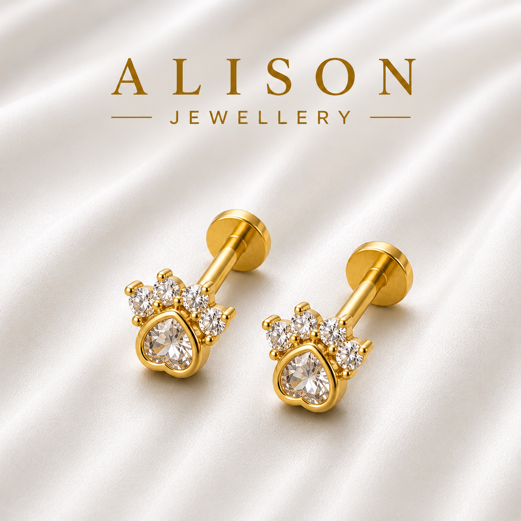 Stainless Steel Paw Zircon Flat Back Stud - PAIR