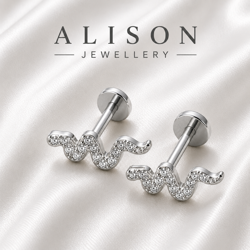 Stainless Steel Snake Zircon Flat Back Stud - PAIR