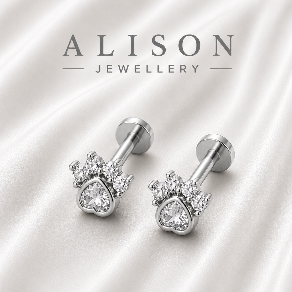 Stainless Steel Paw Zircon Flat Back Stud - PAIR