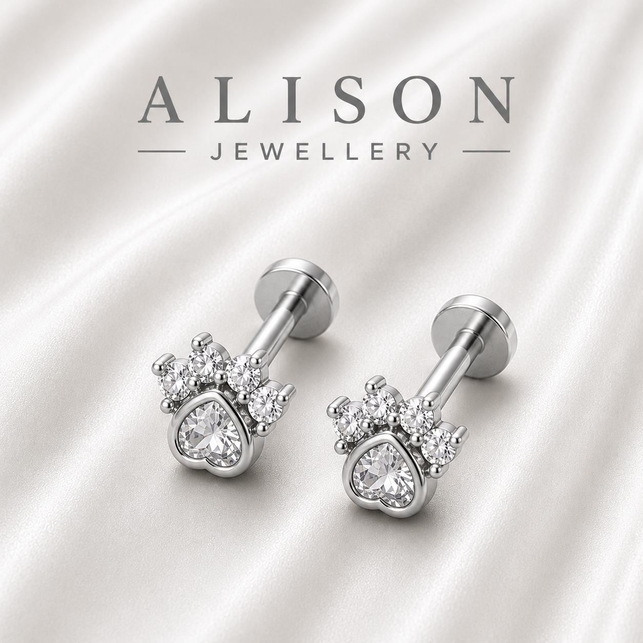 Stainless Steel Paw Zircon Flat Back Stud - PAIR