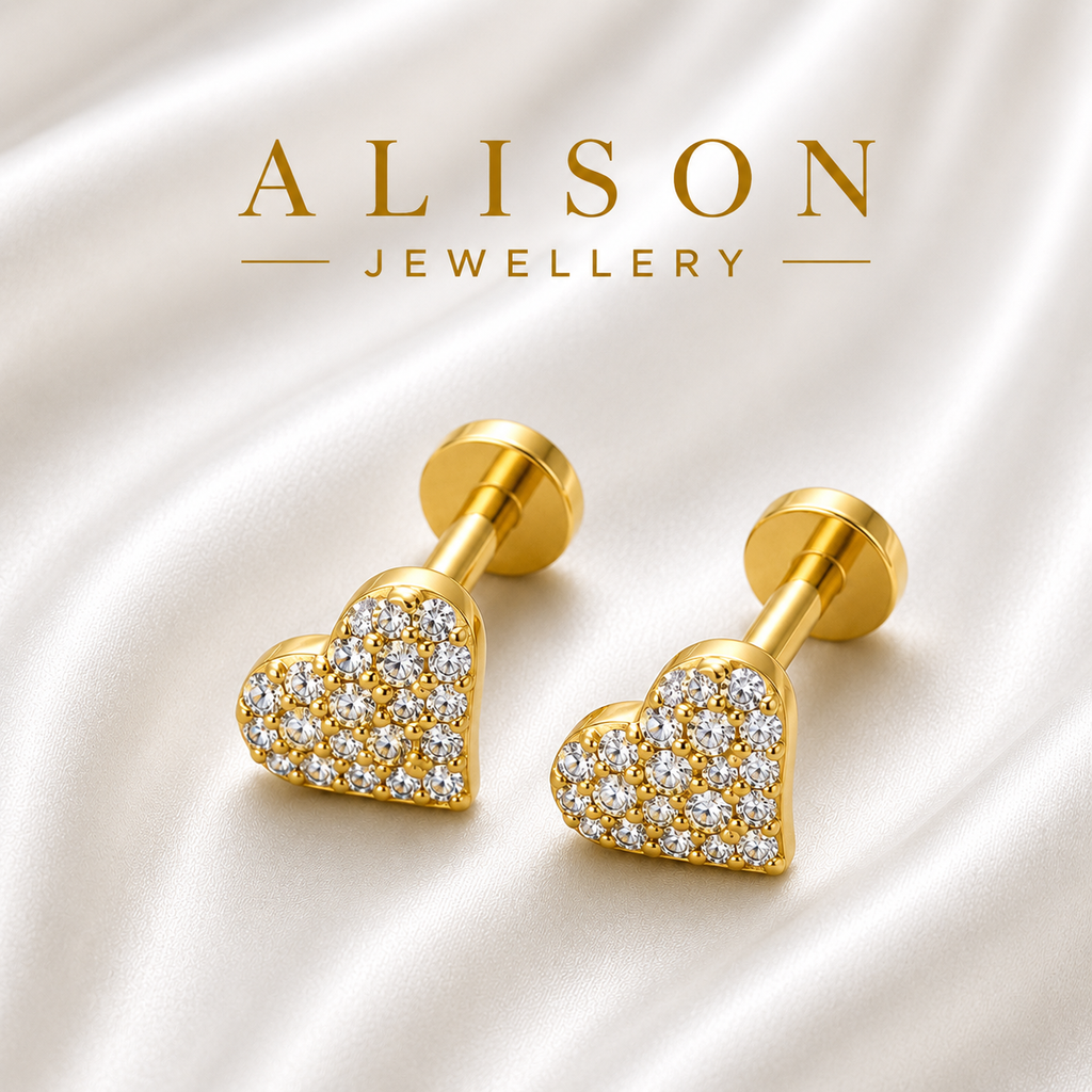 Stainless Steel Heart Zircon Flat Back Stud - PAIR