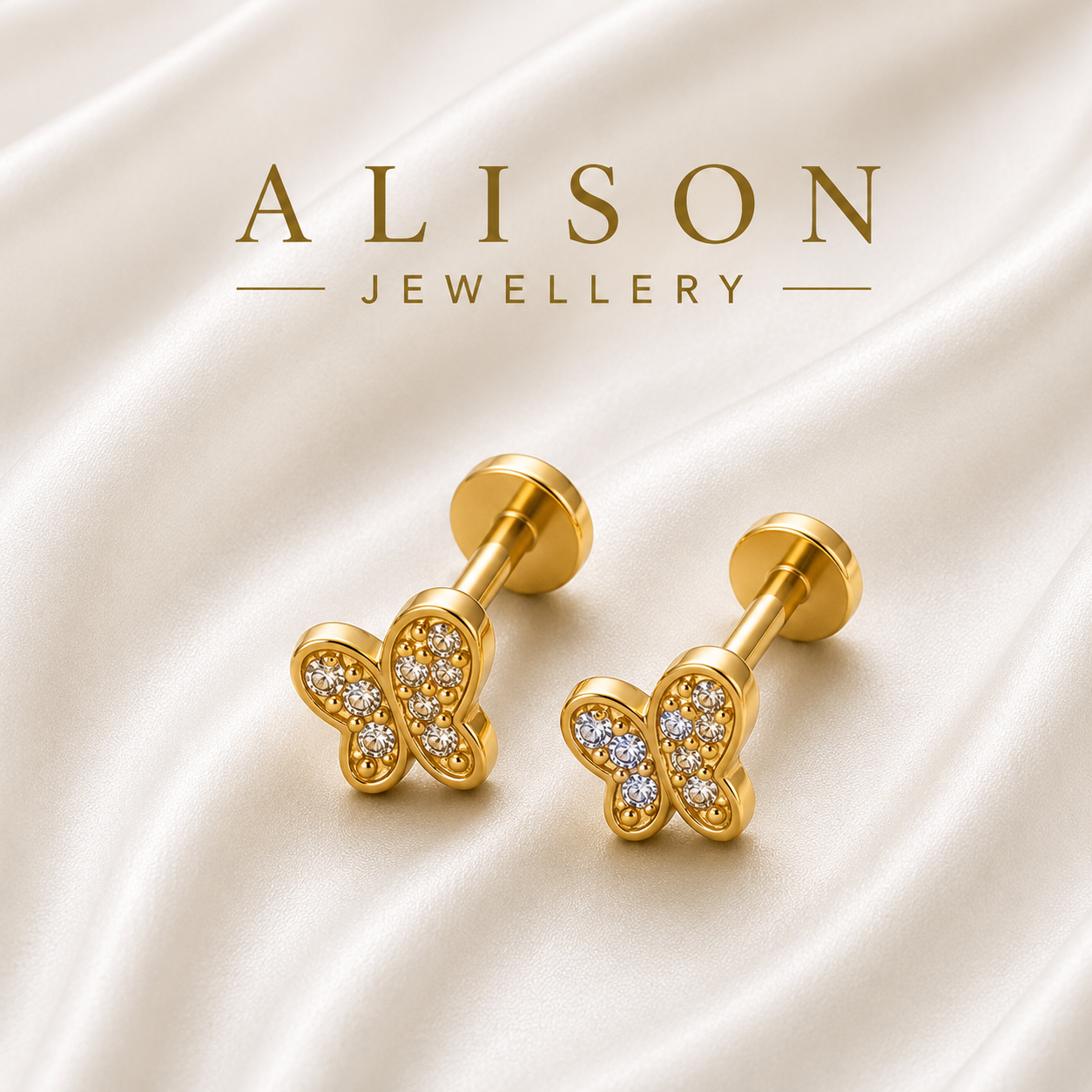 Stainless Steel Butterfly Zircon Flat Back Stud - PAIR